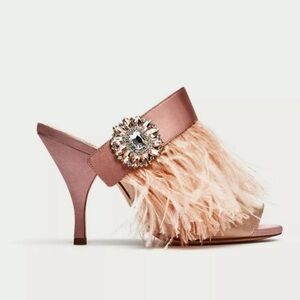 Rare Zara pink nude feather satin open toe mule size 39